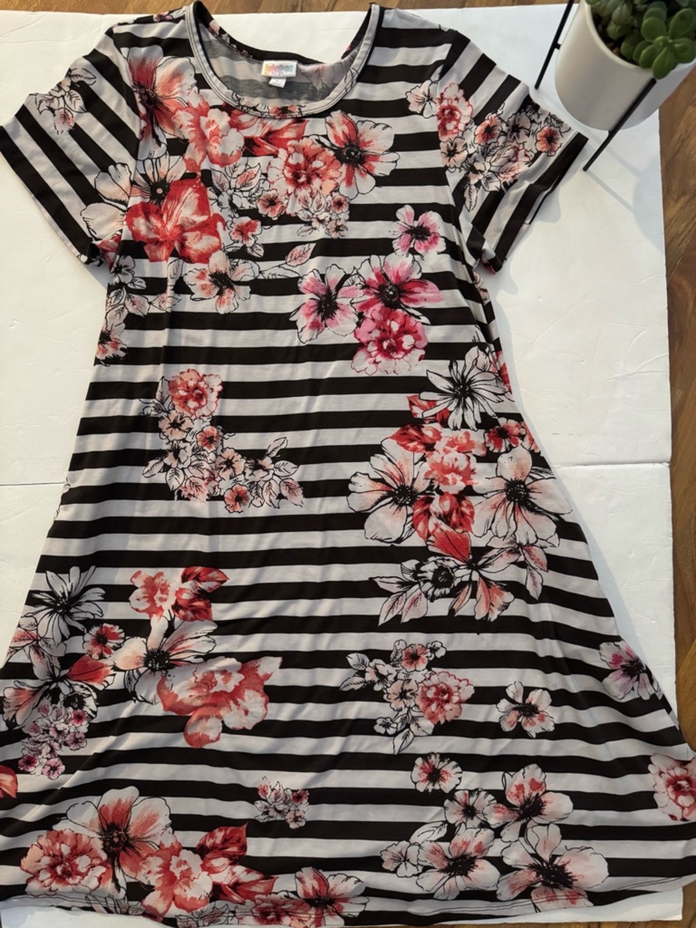 LuLaRoe Black and White Striped Dress with Red and Pink Floral Print